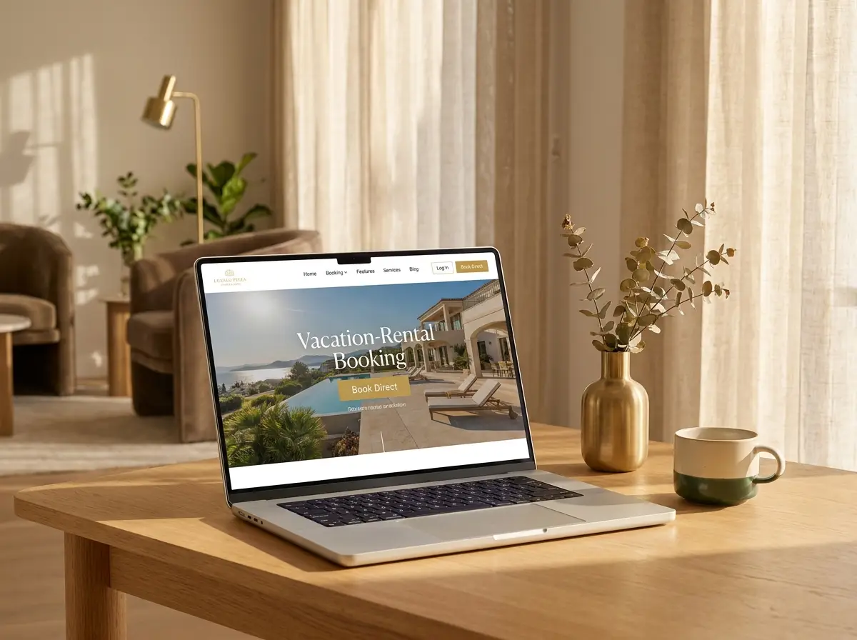 A modern direct-booking website shown on a laptop in a warm, sunlit villa interior