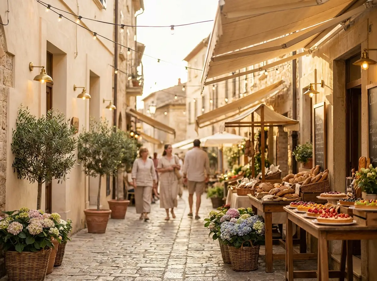 A charming local market street guests can explore on a sunny afternoon