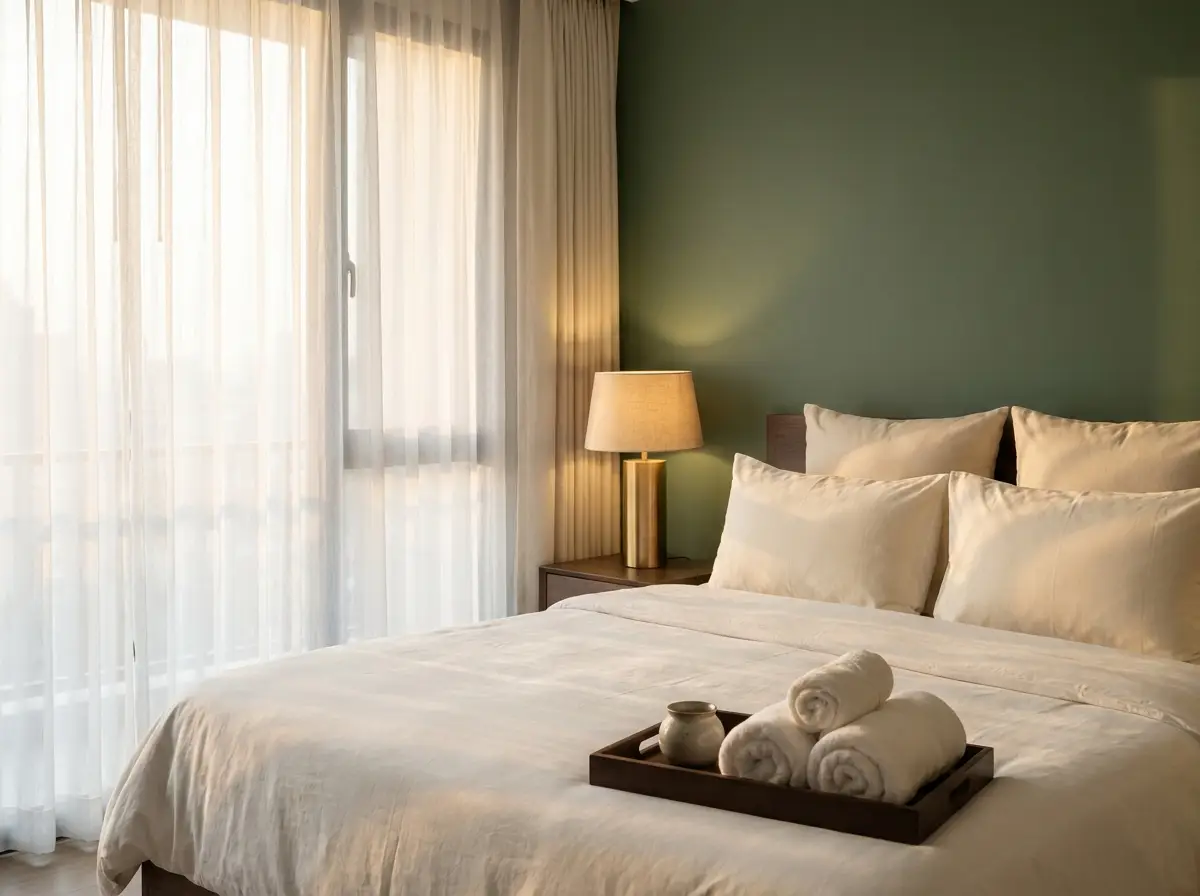 A spotless, freshly turned-over bedroom in soft morning light